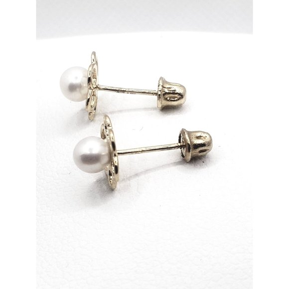 Flower Pearl Baby / Toddler / Kids Earrings Safety Screw Back - 14k Gold - Picture 6 of 11